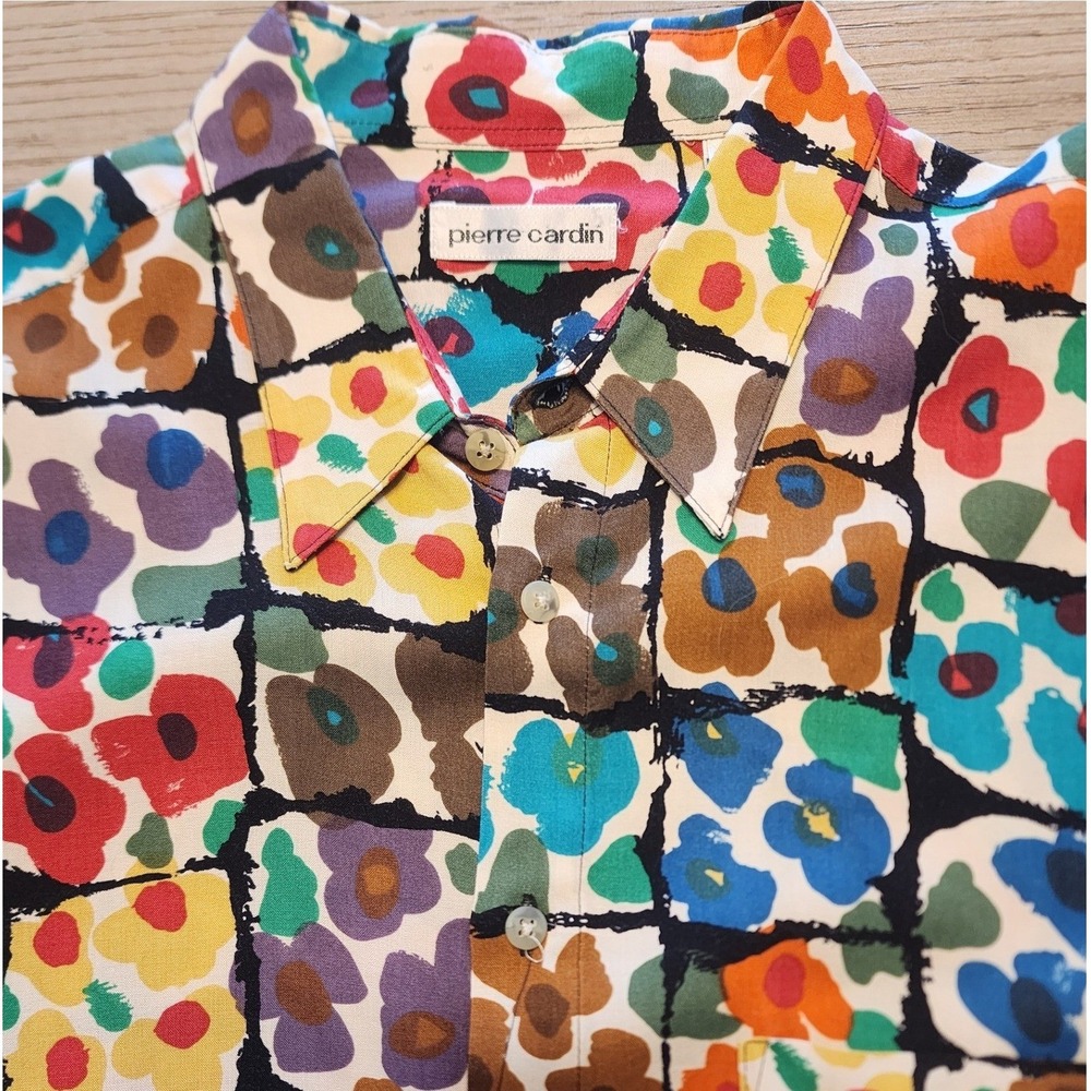 VTG 90s Pierre Cardin Rayon Shirt. Artsy Funky Floral colorblock streetwear Y2K